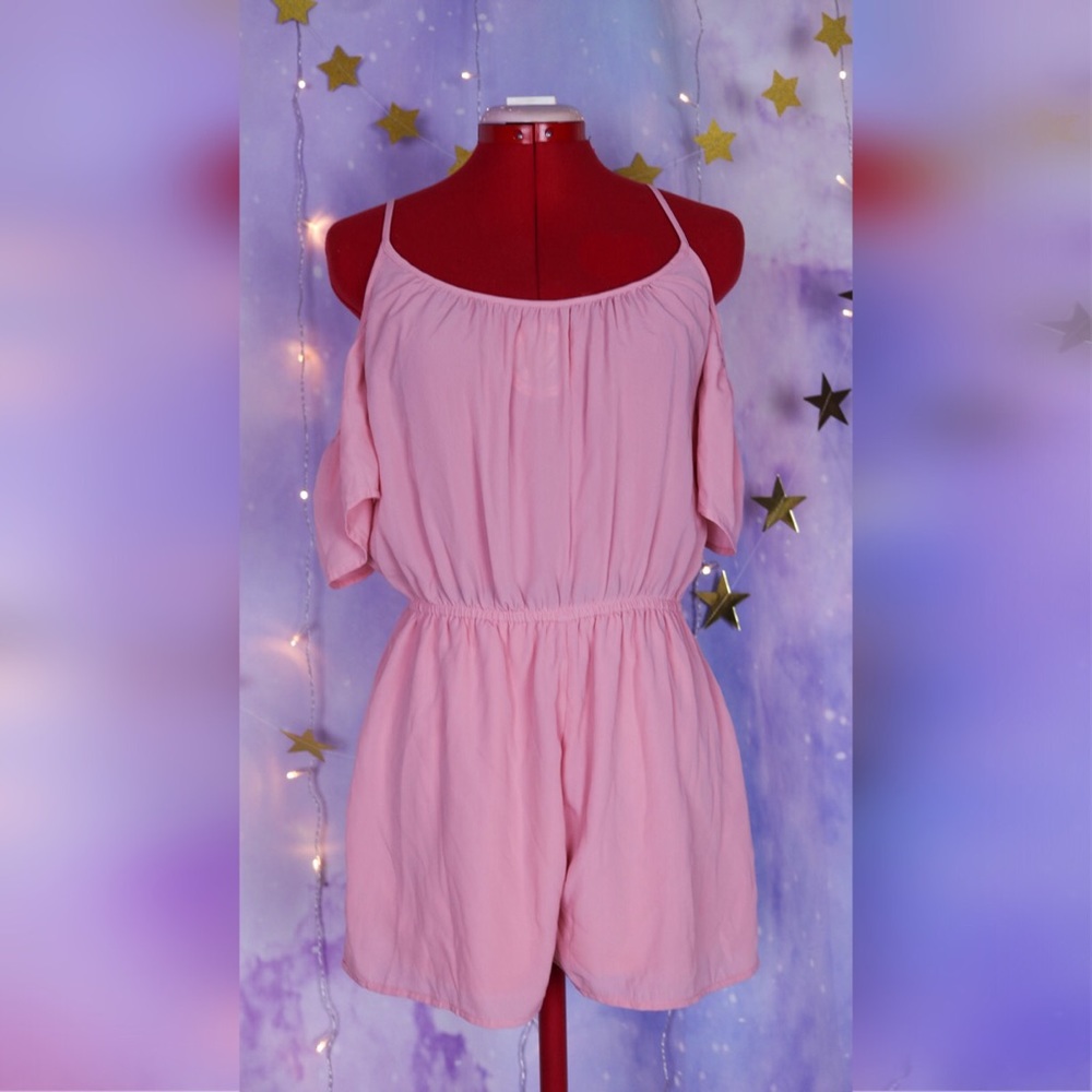 Summer light pink romper with off sleeve ruffles